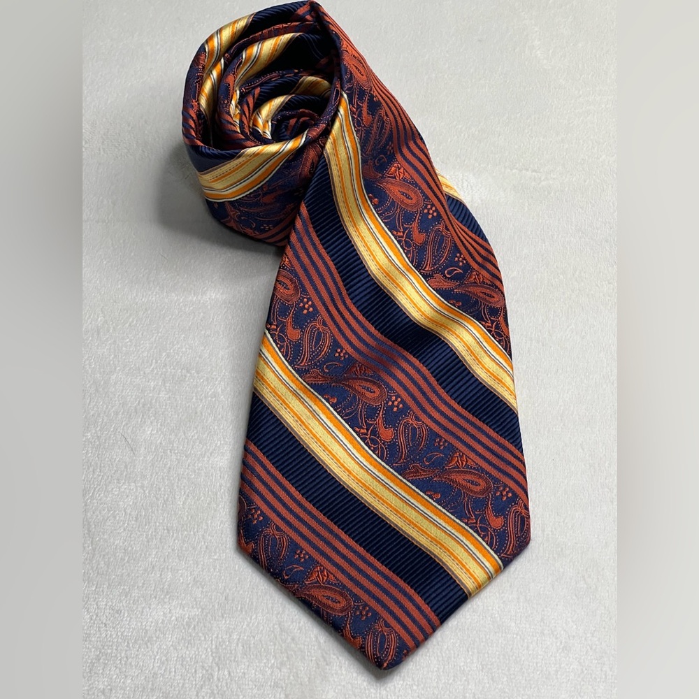 Piattelli Platinum Elegant Striped Tie in Orange and Gold 100% Silk made in USA